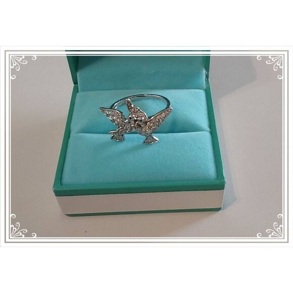 Pretty 925 Sterling Sparkling Sim Diamond Kiss Kiss Birds of Paradise Ring Sz 10 - Picture 3 of 5